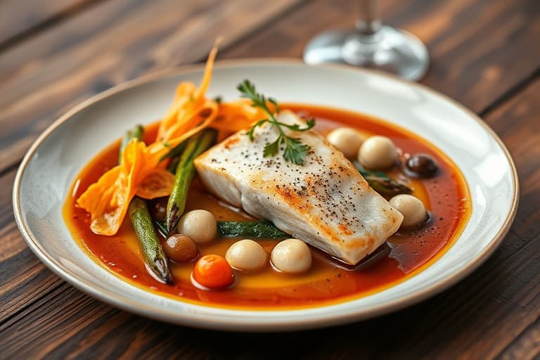 Laksebiffer med småkamskjell og safran-myntebuljong