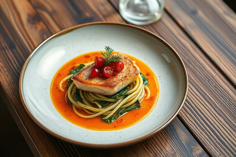 Pannestekt sjøbass med harissa og rose