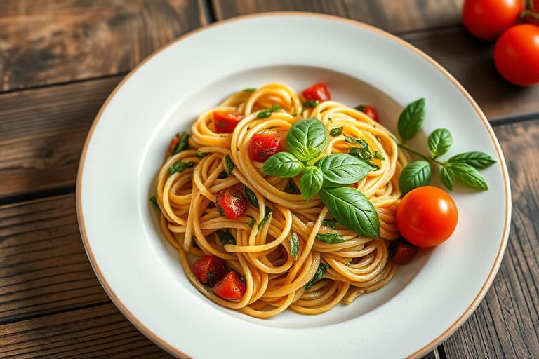 Penne med spinat, reker, tomater og basilikum