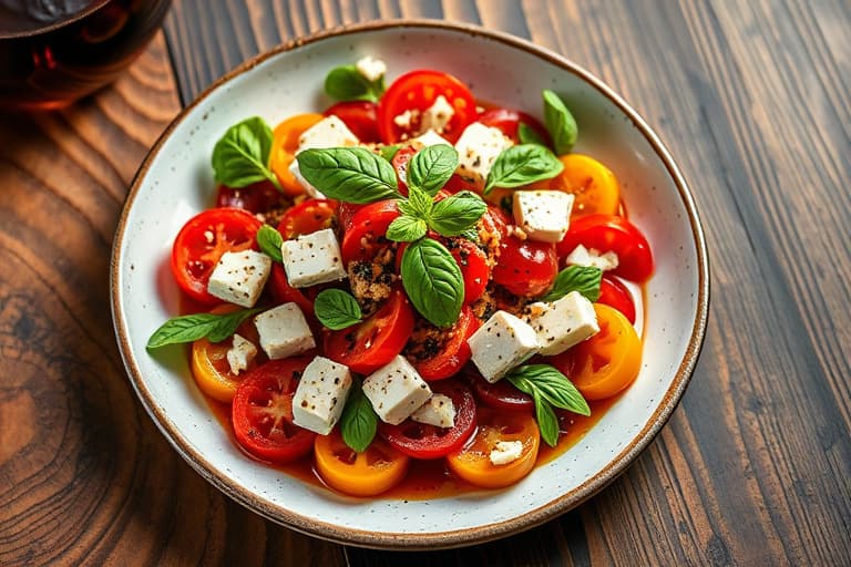 Melon-, basilikum- og fetaostsalat med balsamico- og rødvinsreduksjon