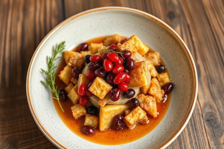 Rustikk brød stuffing med rød sennepsgrønt, currants og pinjekjerner