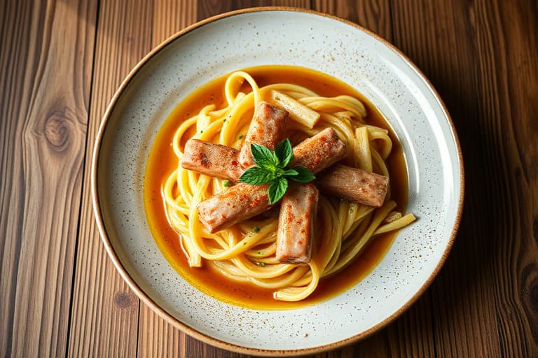 Pannestekt pølse med lady-äppler og vannlilje