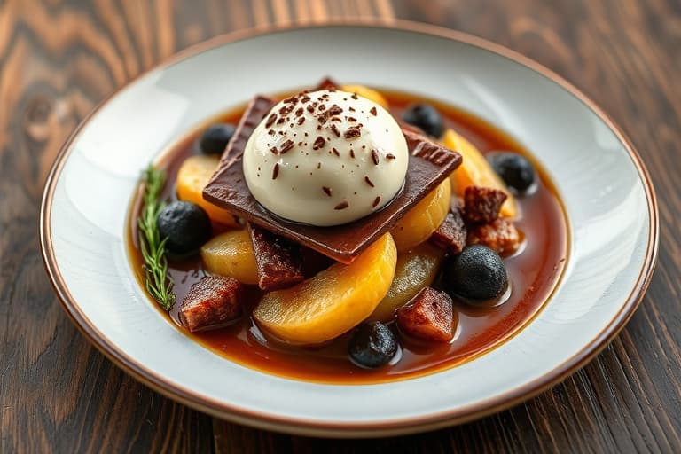 Mørk sjokolade- og appelsuffsé med hvit sjokoladebiter og pisket krem