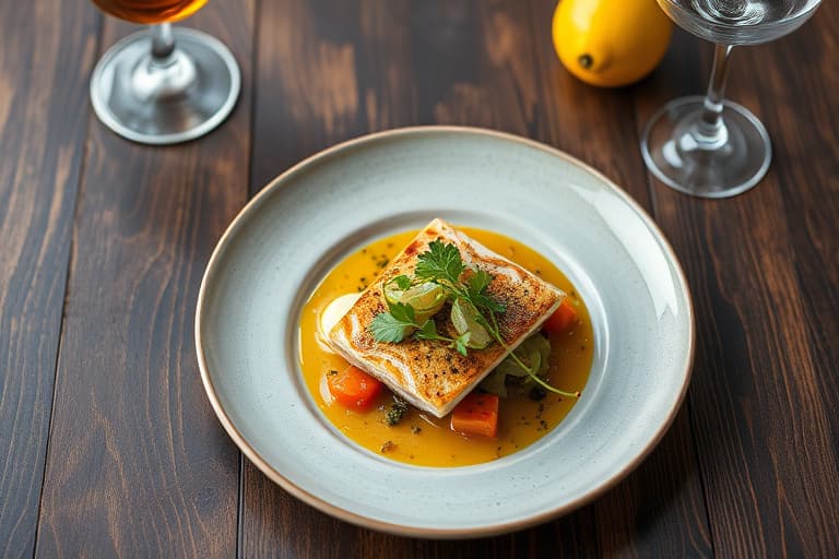 Pinhead-havregrynpanert katfish, ovnsbakt blomkål og sennepsgrønnsaker, og sitronkrem