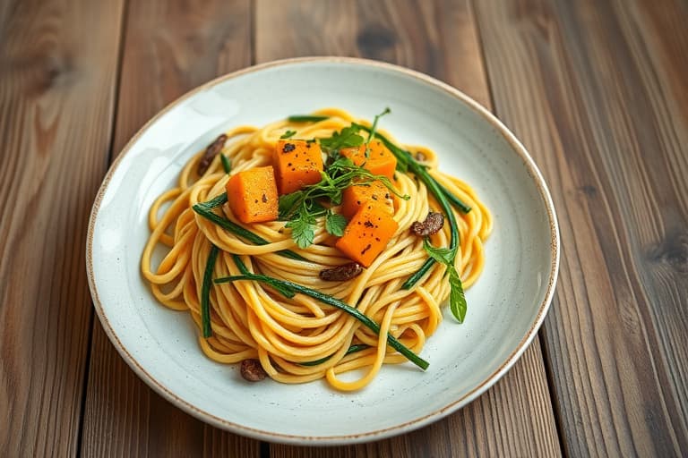 Pasta med butternut squash og spinat