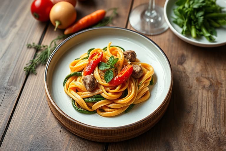 Rotini med ovnsbakte paprikaer, spinat og pinjekjerner