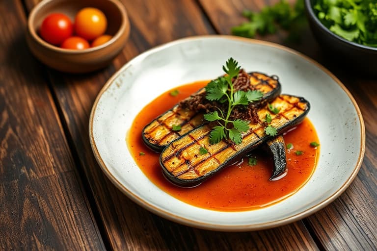 Indonesisk-inspirert grillet aubergine med krydret peanøttsaus