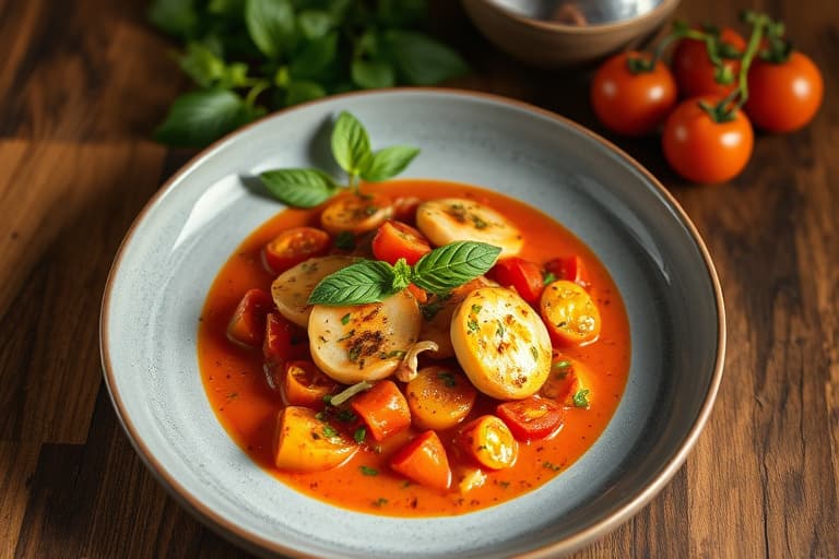 Sommerlig tomatbouillabaisse med basilikumrouille