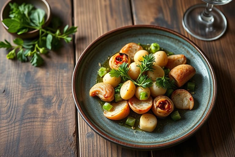 Brente gulrøtter med geitost, persille, ruccola og sprø hvitløkschips