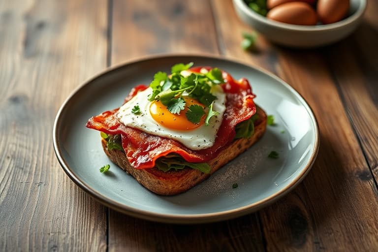Åpne bacon- og egge-sandwicher med ruccola