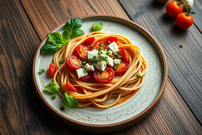 Linguine med reker, tomater og fetaost Sabraw