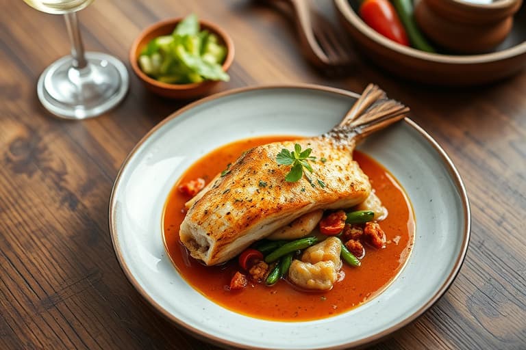 Sort sjøbass med marokkanske grønnsaker og chilisaus