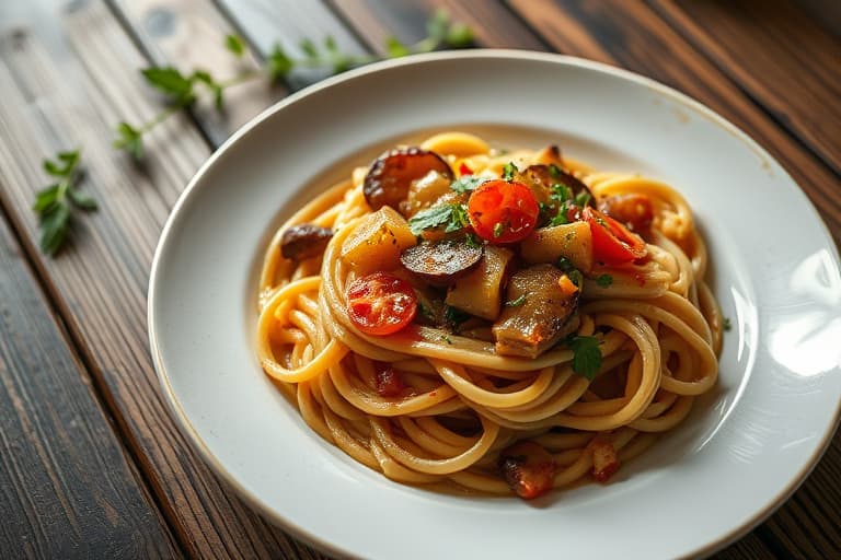 Linguine med kylling og sauterte grønnsaker