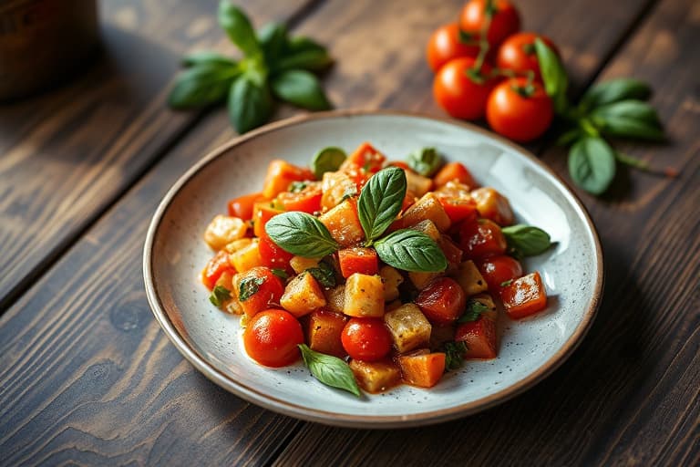 Mais-, tomat- og basilikumsalat