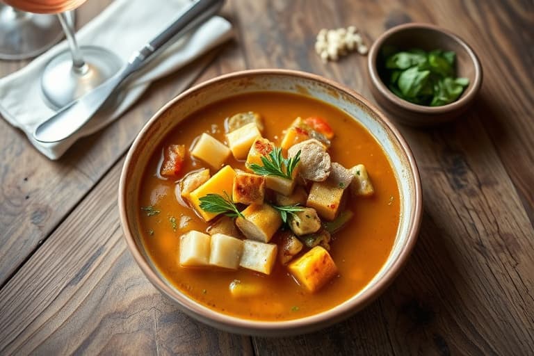 Krydret svinekjøtt- og sennepsgrønnsakssuppe