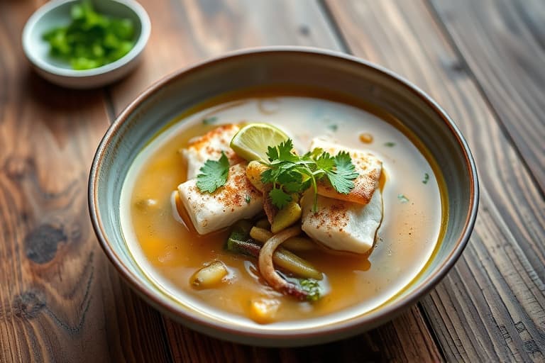 Fisk- og grønnsakssuppe med lime, ingefær og koriander