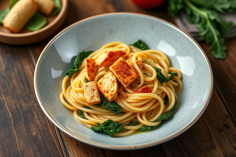 Ramen-nudelskål med escarole og krydrede tofu-smuler