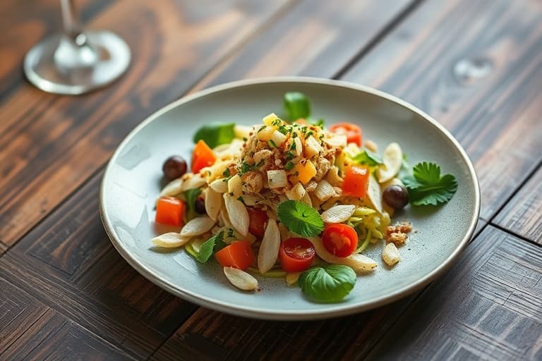 Mesclun-salat med grønnsaker, geitost og sprø hvitløk