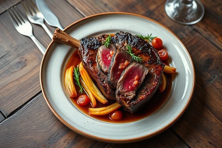 Prime ribstek med sennepsfrøskorpe og ovnsbakte balsamico-løk