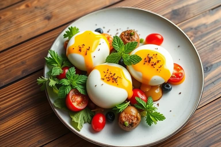 Poached Eggs med sopp, tamarillo og salvie