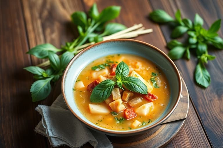 Thailandsk kyllingsuppe med basilikum