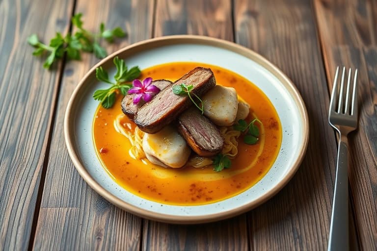 Rundstykker med roastbiff og vannkresse, servert med ansjos- og rosmarinsaus.