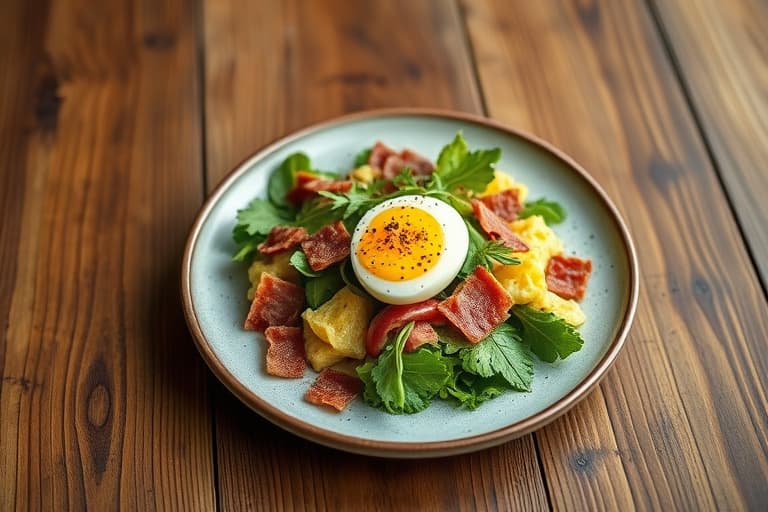 Moderne Salade Lyonnaise med purre, lardons og bløtkokt egg