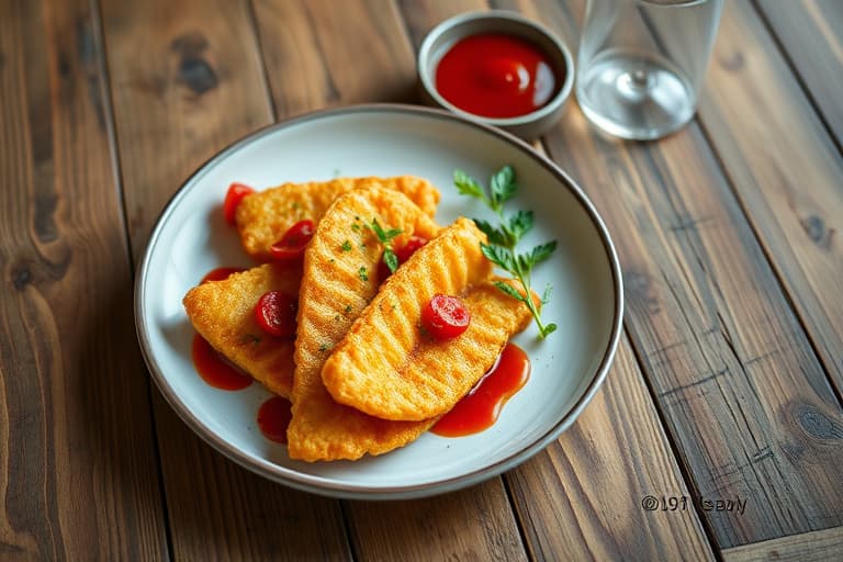 Friterte løkdipper med balsamisk ketchup