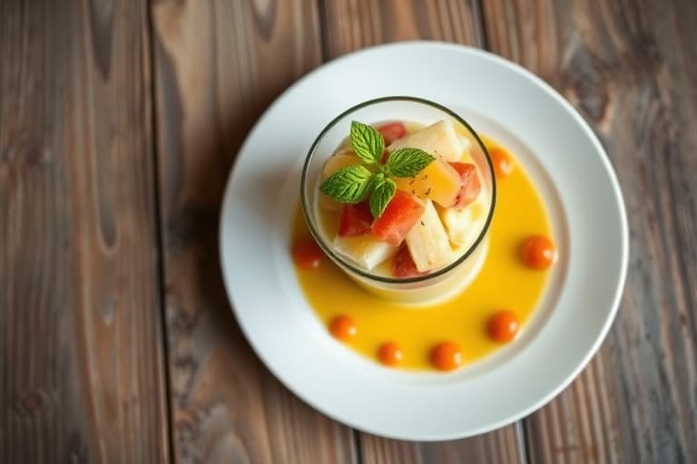 Frossen konjakkparfait og livlig fruktkompott