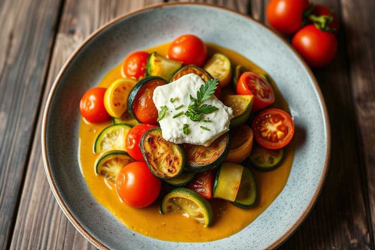 Grillet zucchini og tomater med fetaostsaus