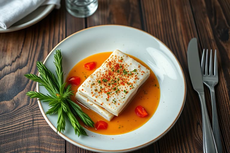 Halibut-fileter stekt i panne med purre og paprika