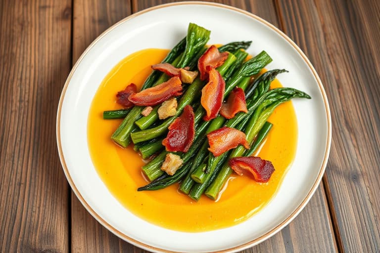 Raskt braiserte grønne blad med bacon og søt løk