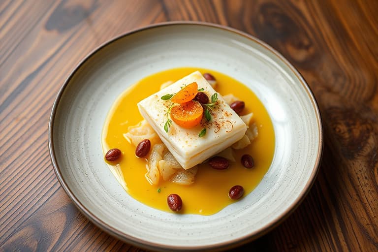 Tartar av arktisk ørret med Pelee Island hvitfiskkaviar, Yukon Gold pannekake og iskrem med timian og isvin