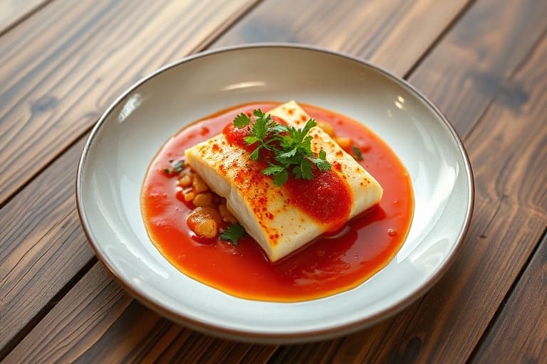 Sprø ørretfilet av atlantisk laks med blandede linser og marokkansk krydret tomatsaus med harissa