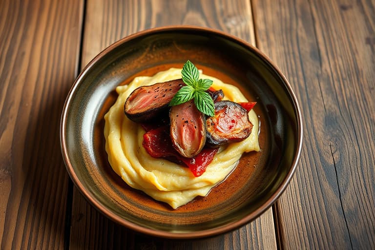 Sterrimarinert bryst av moulard-and à la d'Artagnan på potetgalette