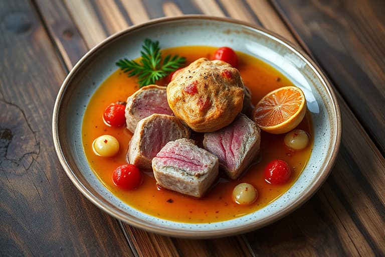 Kamskjell med ovnsbakte små røde beter, sylteagurk av sennepsfrø og pistasjnøtter