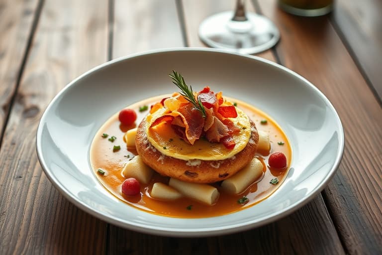 Farotto med røkt bacon og pære, servert med ovnsstekt vaktel