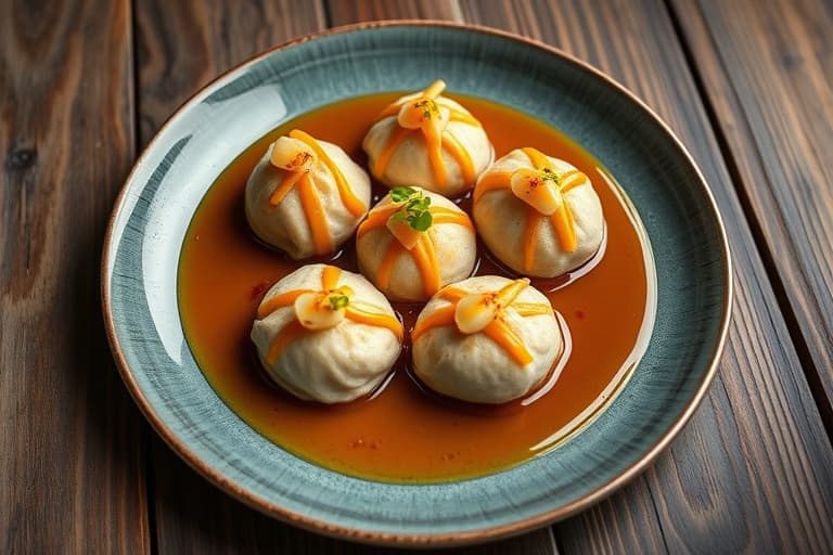 Foie gras-dumplings med honning- og sjalottløk-sirup