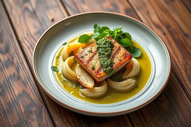 Ovnsbakt laks med pesto, servert med knuste agurker og grønn eplesalat