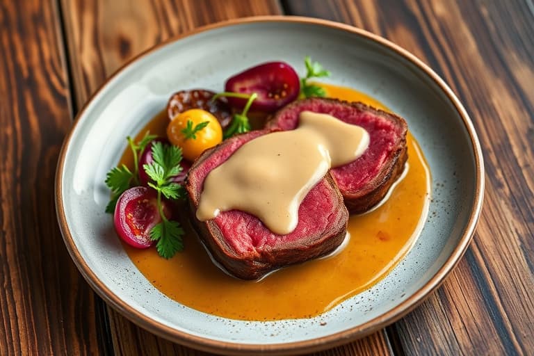 Tournedos Rossini-stil med glasert grønnsaksbukett-saus Périgueux-stil