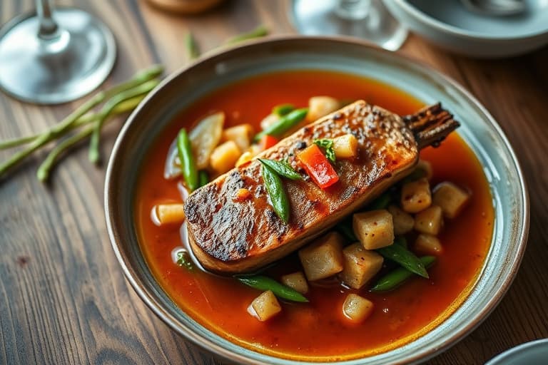 Stekt biff i saus med grønne pepperkorn, servert med rødpotetmos og sautert asparges