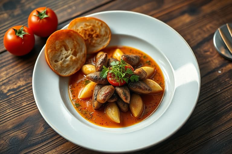 Grillet cioppino med ildrøstede tomater og grønnsakspuré