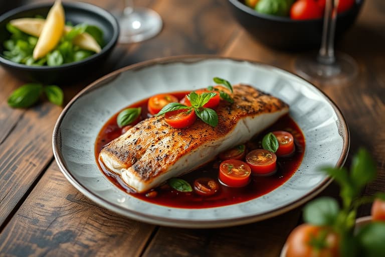 Svartfisk med tomater, basilikum og småkamskjell