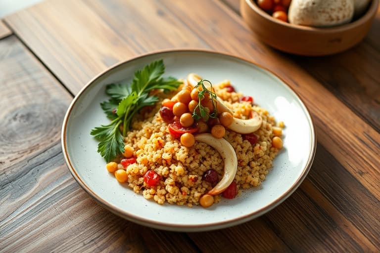 Panerte kyllingbryst med israelsk couscous, granateple og haricots verts