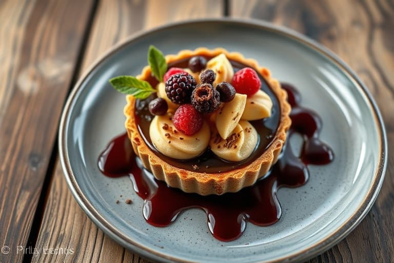 Fudge-tartletter med peanøttsmør-is og cabernet-karamell