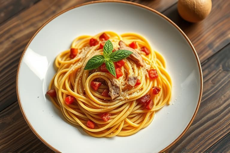 Spaghettini med hakkede reker og kamskjell i en fyldig kraft