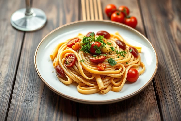 Penne med italiensk pølse, tomater og erter, og søt mais salat