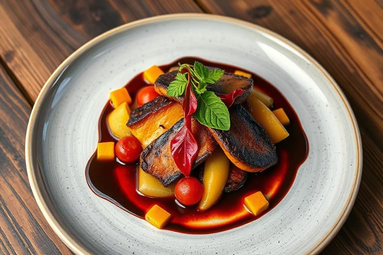 Jerk-plantain, seared triple tail, sjokolade, calypso-bønner, rød guava og carambola-salat