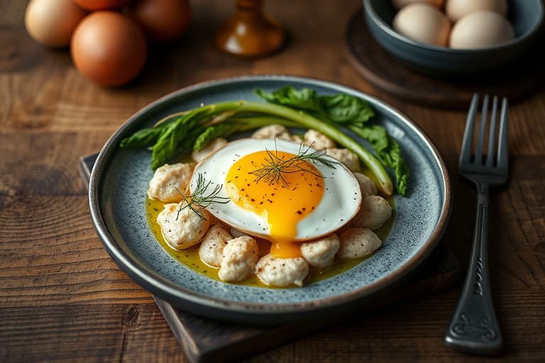 Kremete eggerøre med dill, havarti ost, landkjøtt og smørstekte krutonger