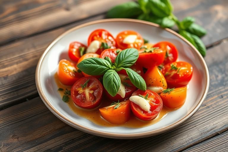 Skivede tomater med fersk basilikum og modnet balsamiko